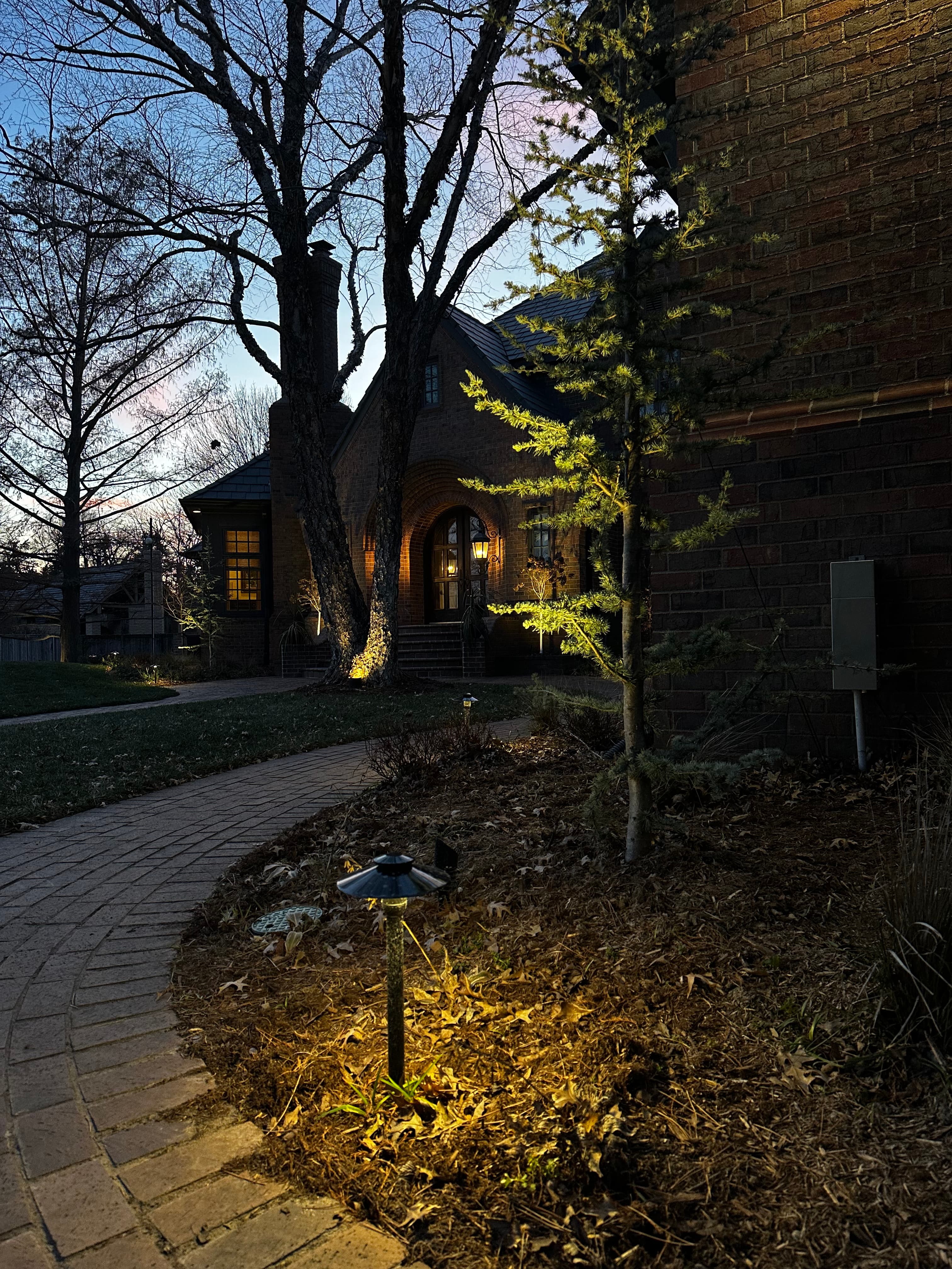 Evening view along the brick walkway
